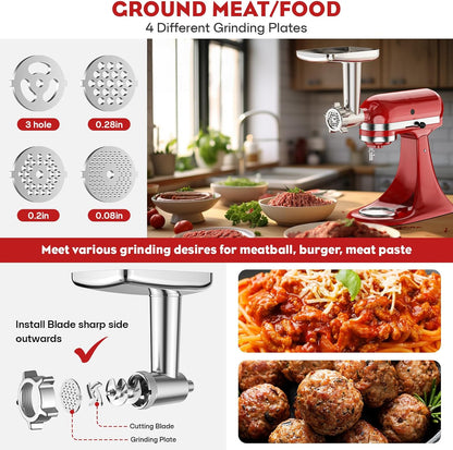 Meat Grinder & Stainless Steel Cheese Grater Attachment for KitchenAid Stand Mixer - 2 Pcs Kitchen Aid Accessories and Attachments Including Slicer Shredder and Food Grinder Attachment