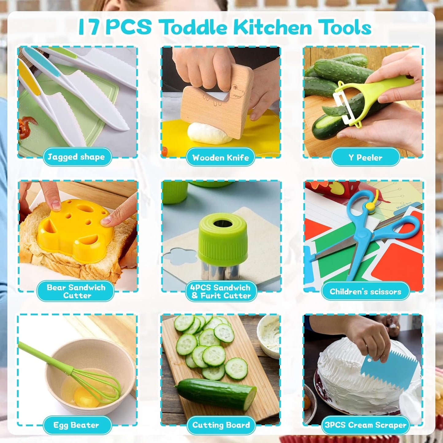 9PCS Montessori Kitchen Tools Cookware Baking Toy, Kids Knife Set for Real Cooking with Cutting Boards, Crinkle Cutte, Y Peeler, Serrated Edges Plastic Toddler Knife Kid Safe Knives