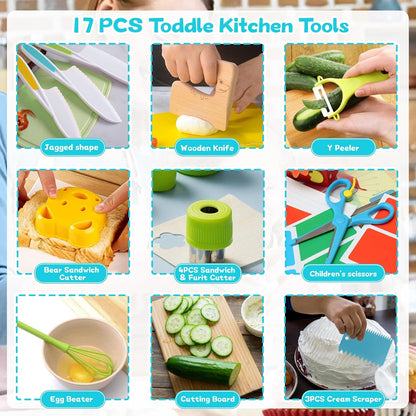9PCS Montessori Kitchen Tools Cookware Baking Toy, Kids Knife Set for Real Cooking with Cutting Boards, Crinkle Cutte, Y Peeler, Serrated Edges Plastic Toddler Knife Kid Safe Knives