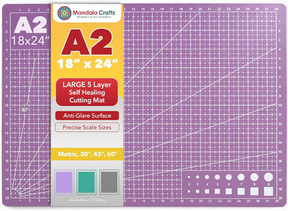 Mandala Crafts Self-Healing Cutting Mat Set – 12" x 18" A3 Green Double-Sided 5-Ply Mat with Fabric Cutter, Quilt Ruler & Craft Knife for Sewing, Quilting, Leather & Scrapbooking