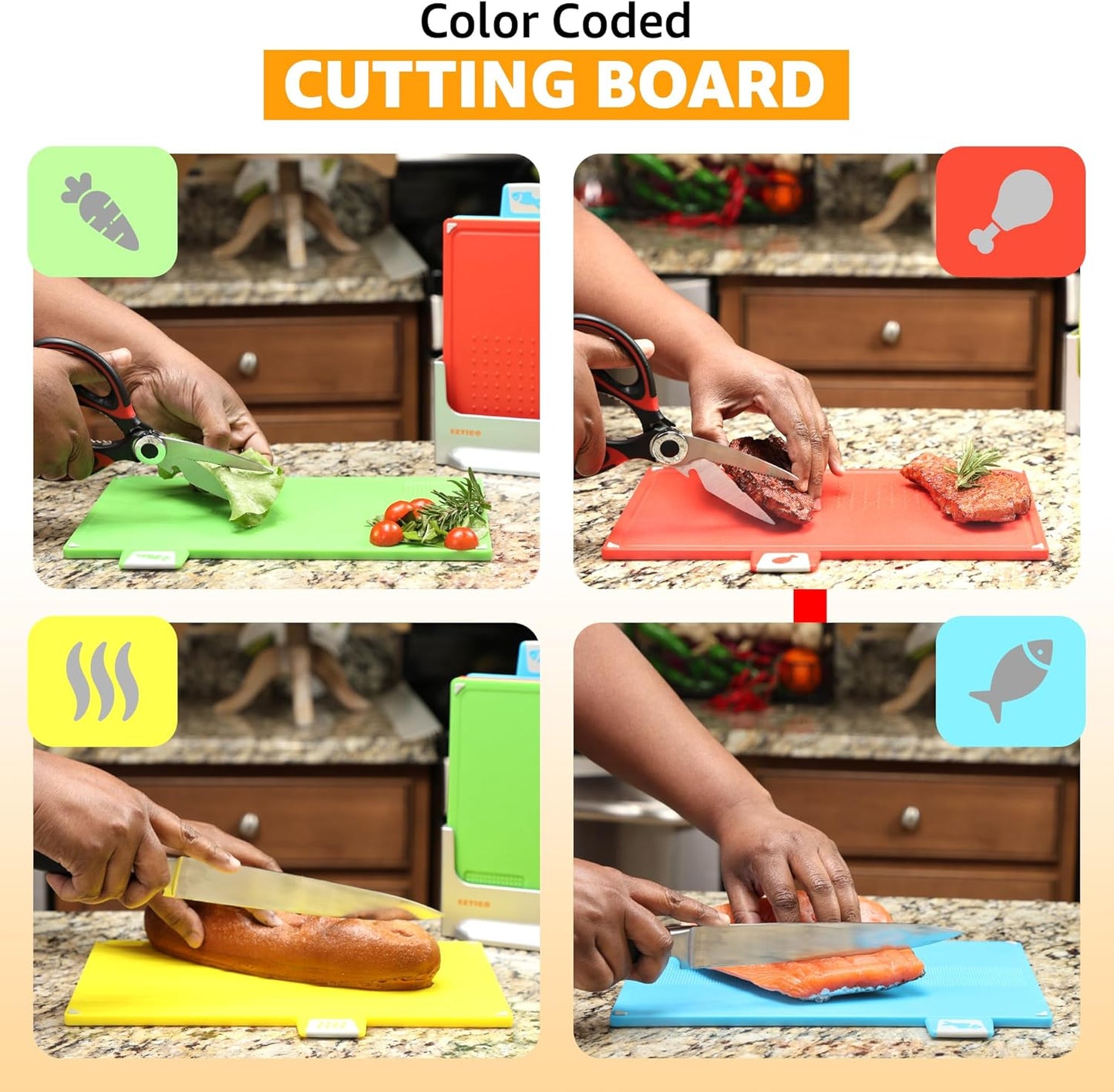 4-Piece Non-Toxic Cutting Board Set with Premium Scissors – BPA-Free Plastic and Rubber Chopping Boards for Kitchen Essentials with Organizer, Dishwasher Safe Accessories Holder.