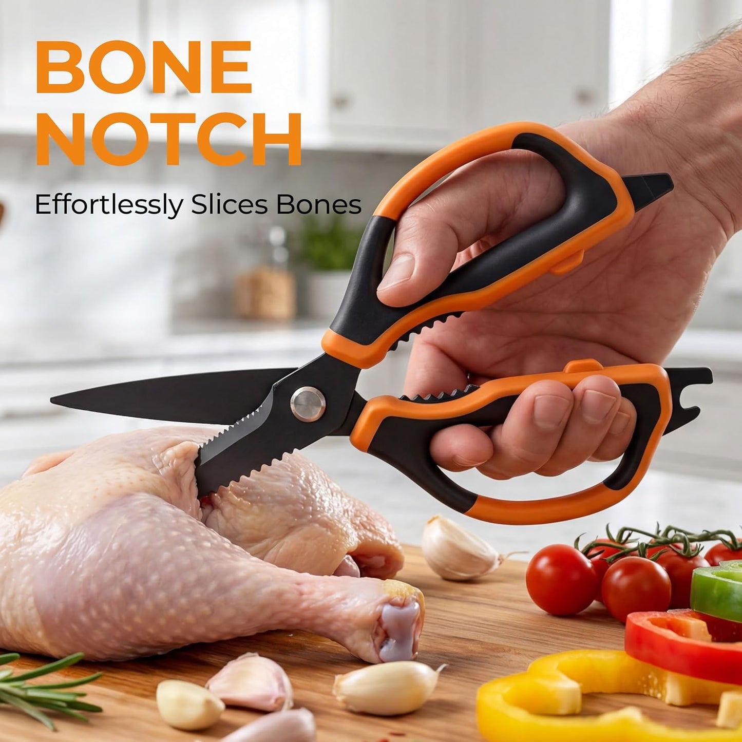 ANSHEE All Purpose Kitchen Scissors, Durable Stainless Steel Food Cooking Shears, Built-in Bottle Opener, Soft Grip Comfort Handle, Dishwasher Safe, Ideal Kitchen Gifts orange 1pack