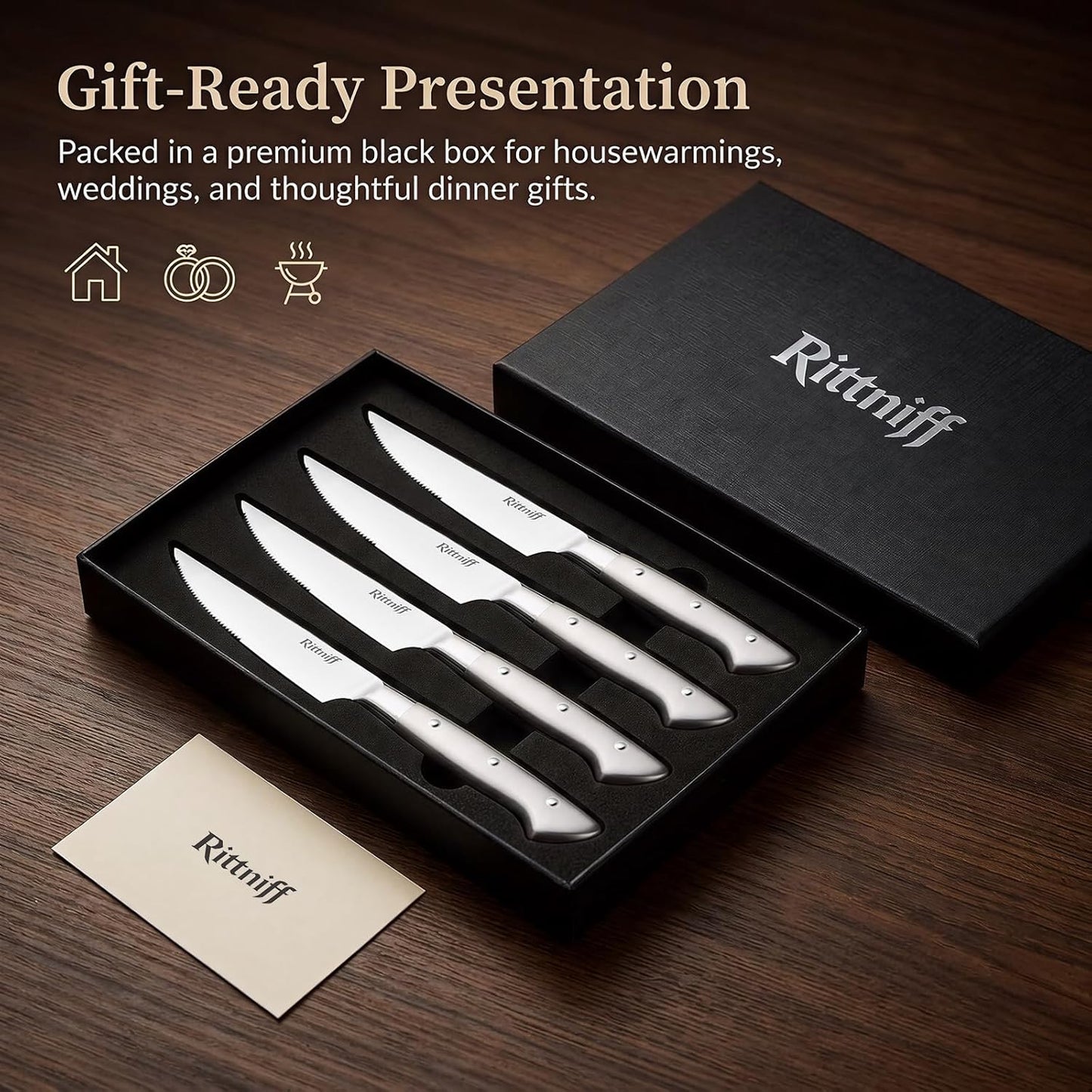 Steak Knives Set of 4, 5-Inch Serrated Stainless Steel Steak Knife Set with Wide Stainless Handle, Gift-Ready Box for Steak Night, BBQ, Housewarming & Wedding