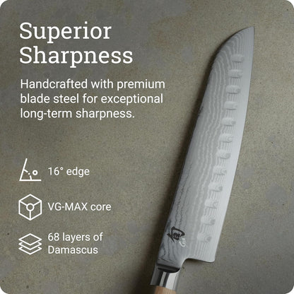 Shun Classic Blonde 8.5" Hollow Ground Santoku Knife, Handcrafted Japanese Cutting Knife, VG-MAX Core with Damascus Stainless Steel Cladding, Pakkawood Handle