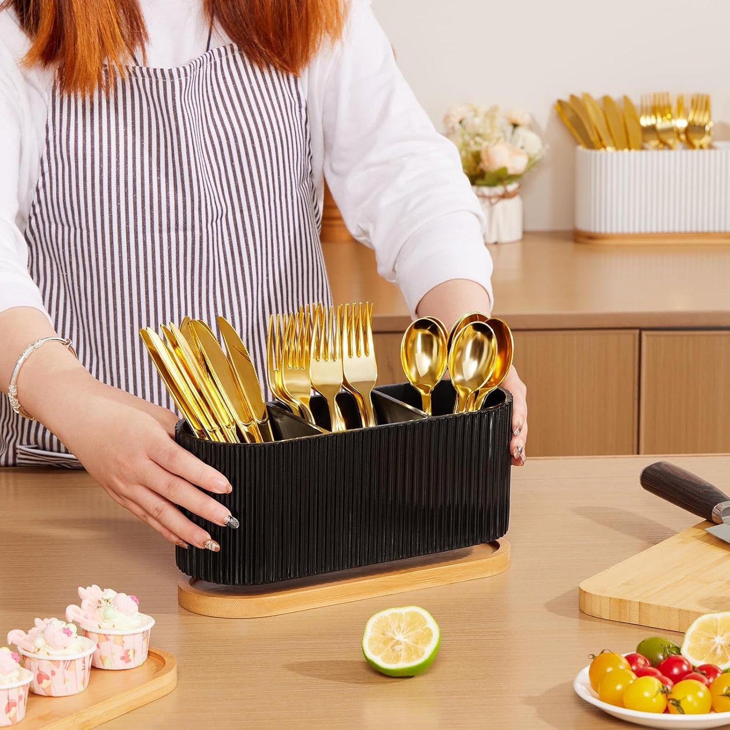 HouseJoy Countertop Silverware Holder, Silverware Caddy Organizer Holder for Forks, Spoons, Knives, Cutlery Caddy with 3 Compartments, Kitchen Utensil Holder for Party, Countertop