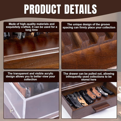 Knife Display Case,Pocket Knife Collection Display Holder,Premium 2-Layer Wooden Case with Acrylic Window Top & Drawer,Handcrafted Storage Box Perfect for Collection