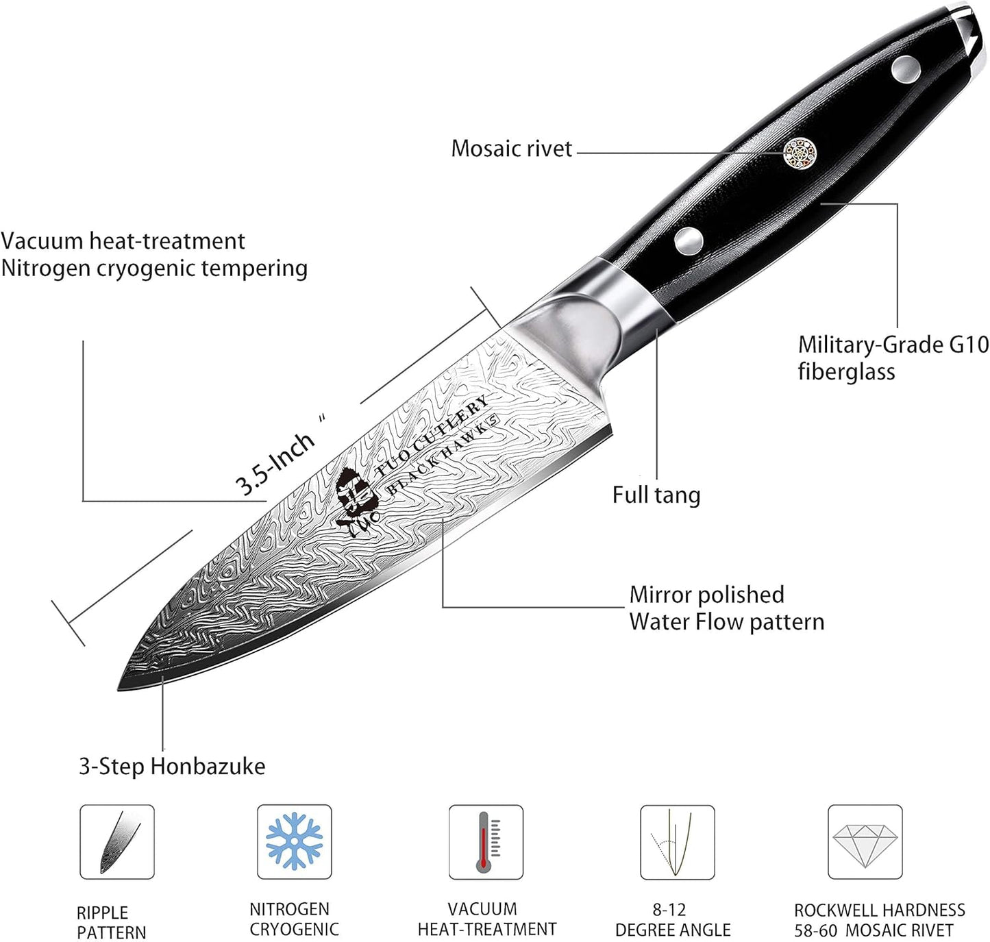 TUO Paring Knife 3.5 Inch - Ultra Sharp Peeling Knife - High Carbon Stainless Steel - Full Tang G10 Handle with Gift Box - Black Hawk S Series