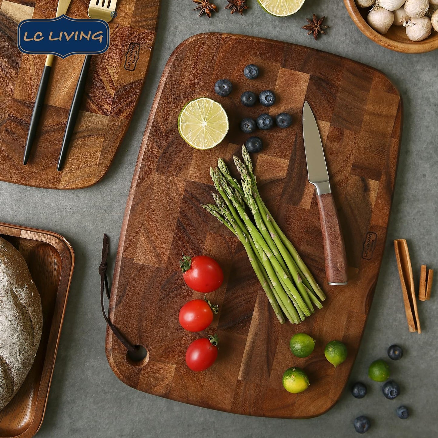 Thai End Grain Acacia Wood End Grain Oval Hanging Cutting Board, best for chopping board, prep station, kitchen deco, cheese, meat, bread, veggies & fruits, 15.7"x11"