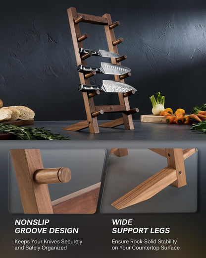 KYOKU Wooden Knife Stand, 6 Layer Natural Wood Knife Display Stand, Japanese Style Kitchen Knife Holder with Wide Support Legs, Knife Block Countertop Tabletop Organizer for Home Restaurant Kitchen