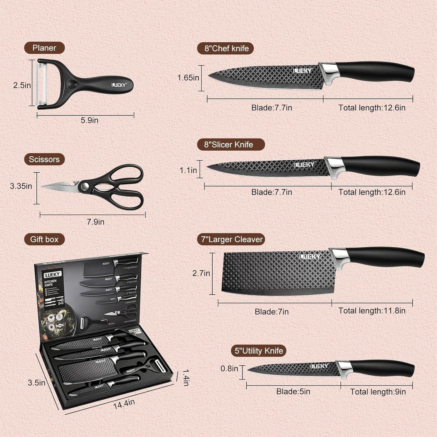 Knife Set, 6 Pieces Kitchen knife Set with Healthy Anti-Rust Coating, Stainless Steel Professional Chef Knife Sets with Elegant Box, Kitchen Knives with Scissors & Peeler for Cooking, Dishwasher Safe