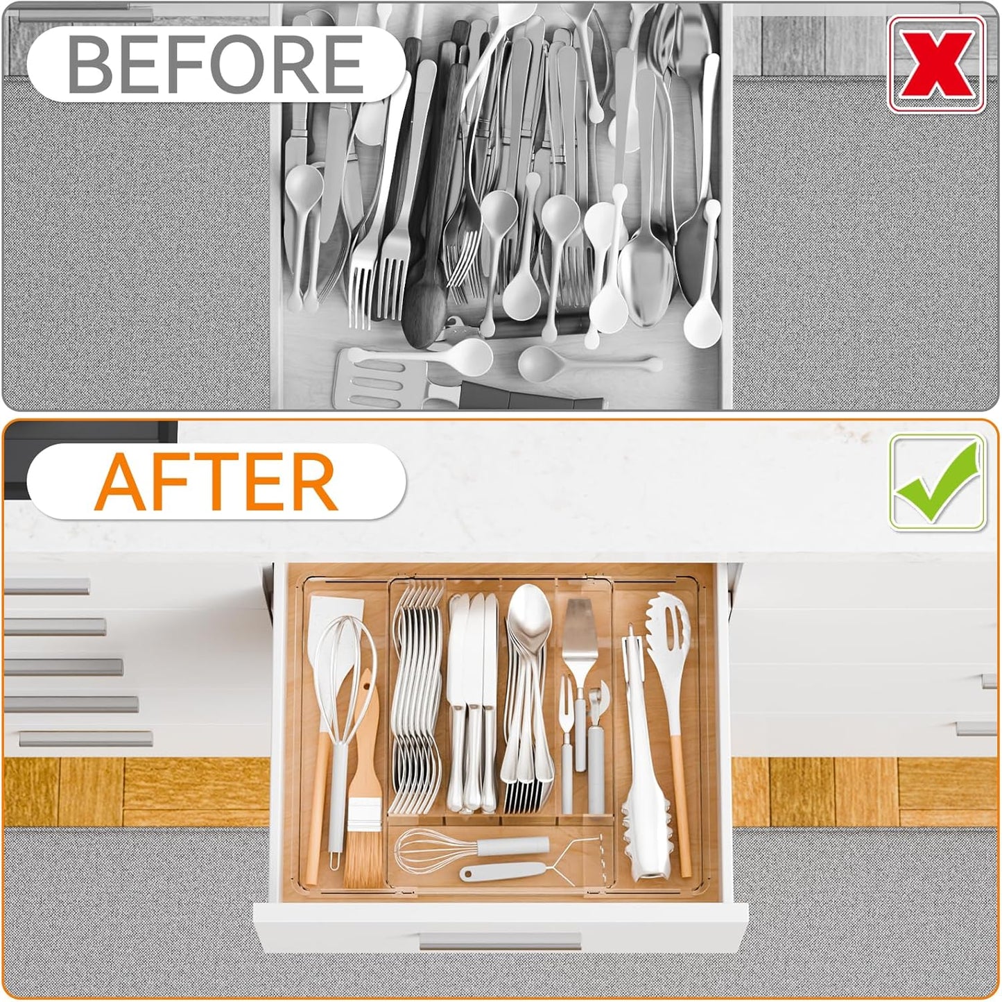Yieach Large Clear Expandable Silverware Drawer Organizer for Kitchen,BPA FREE Adjustable Utensil Drawer Organizer and Silverware Tray,Plastic Flatware Organizers,Cutlery,Knife,Fork and Spoon Holder