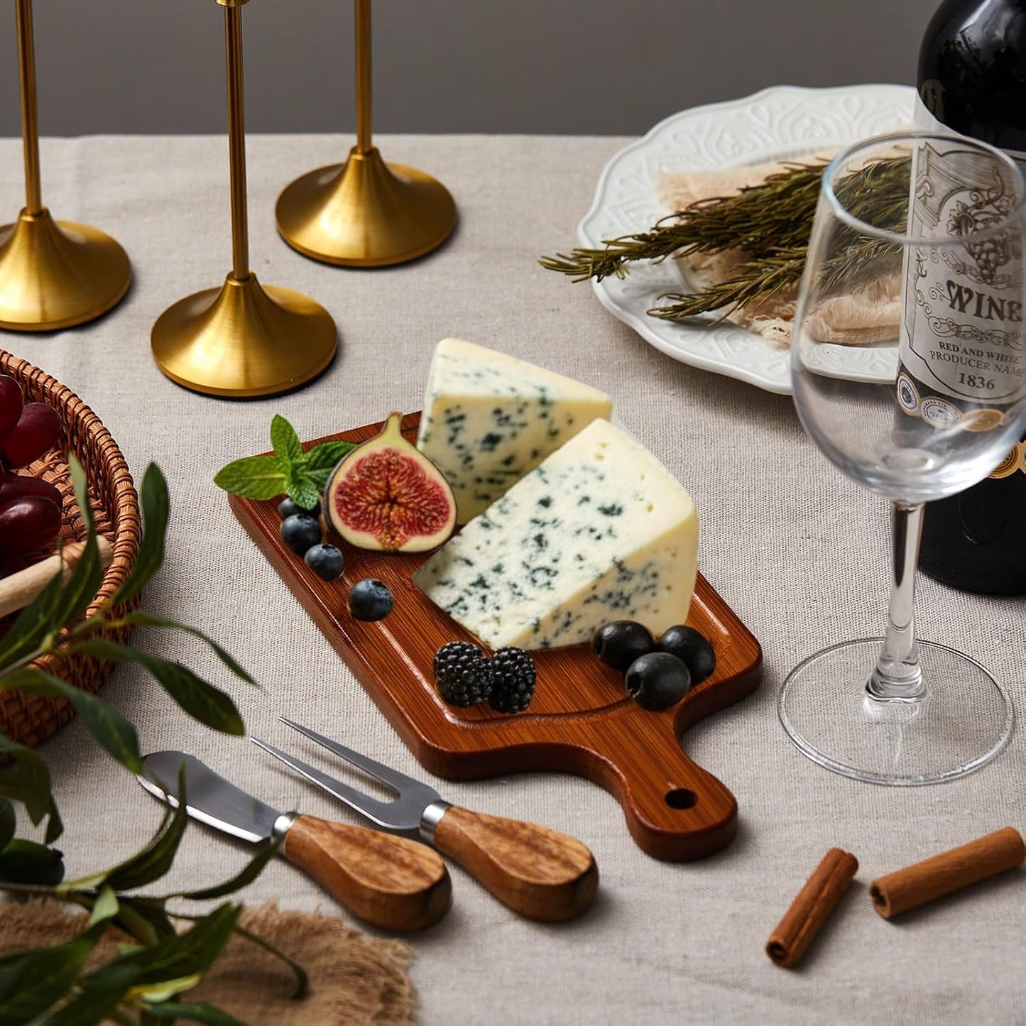 1 Set Bridal Baby Shower Cheese Prizes Wooden Square Board Gift Set Knives Forks Thank You Tags with Box for Guests for Valentines Bridal Baby Shower Housewarming Gifts (Acacia Color)
