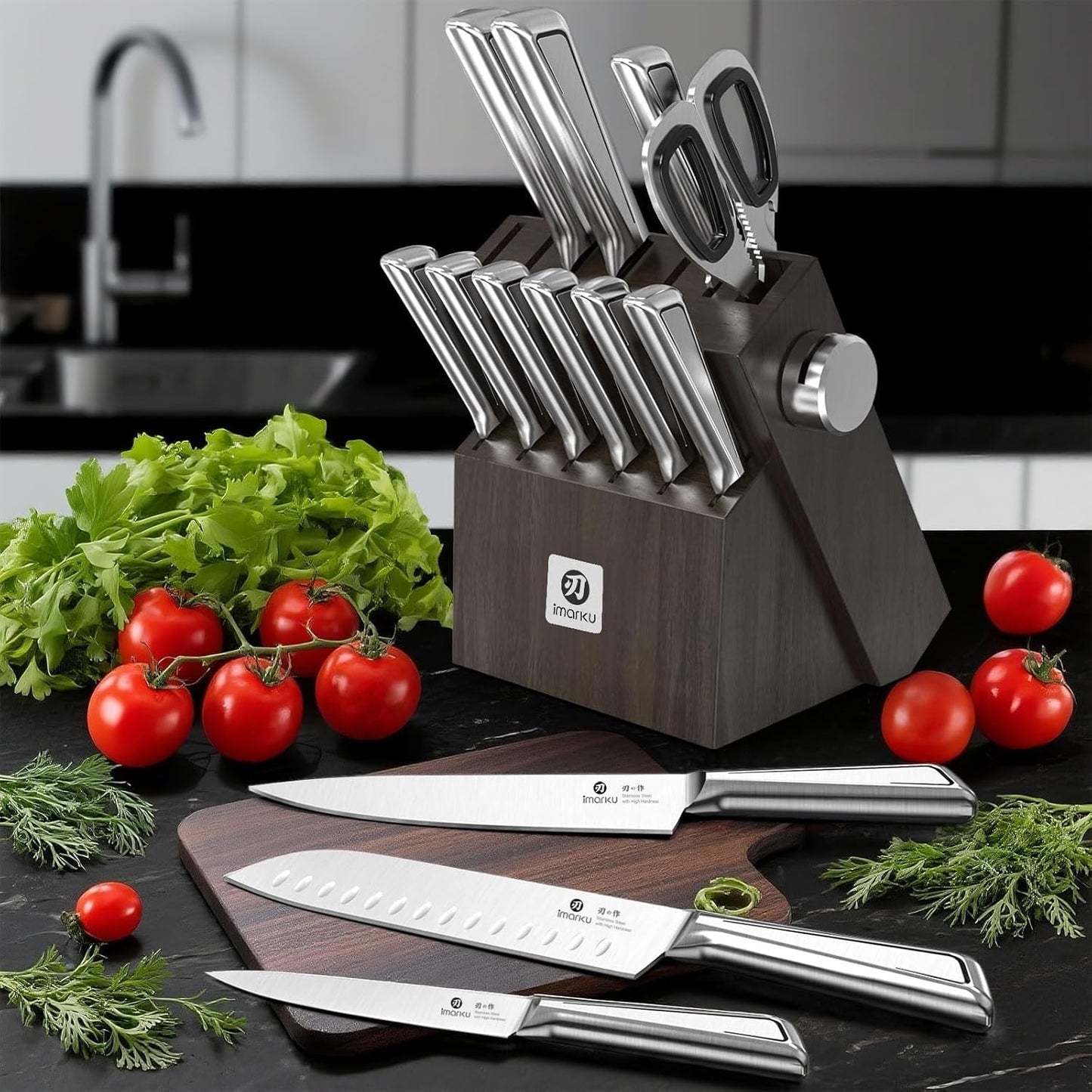 imarku Kitchen Knife Set with Block and Built-in Sharpener, Japanese Stainless Steel 14-Piece Knife Set with Utility Knife, Dishwasher Safe, Non-Slip Ergonomic Handles, Essential Gift for Home Cooks