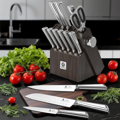 imarku Kitchen Knife Set with Block and Built-in Sharpener, Japanese Stainless Steel 14-Piece Knife Set with Utility Knife, Dishwasher Safe, Non-Slip Ergonomic Handles, Essential Gift for Home Cooks