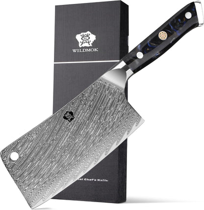 WILDMOK Meat Cleaver, 6.5 inch Heavy Duty Razor Sharp Kitchen Butcher Knife, Forged Damascus Steel, Resin Handle with gift box