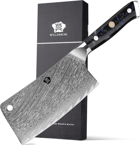 WILDMOK Meat Cleaver, 6.5 inch Heavy Duty Razor Sharp Kitchen Butcher Knife, Forged Damascus Steel, Resin Handle with gift box