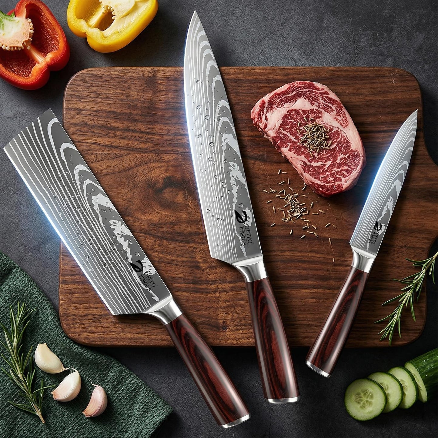 Dfito Kitchen Knife Set, 3 Pieces High Carbon Stainless Steel Chef Knife Set with Red Pakkawood Handle, Ultra Sharp Professional Chef Knives Sets for Home Cooking, Dishwasher Safe
