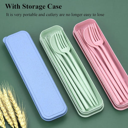 DISSKNIC Reusable Utensils Set with Case, 6 Sets Travel Utensils with Case, Wheat Straw Portable Cutlery Set Chopsticks Knives Fork and Spoon for Lunch Box Accessories