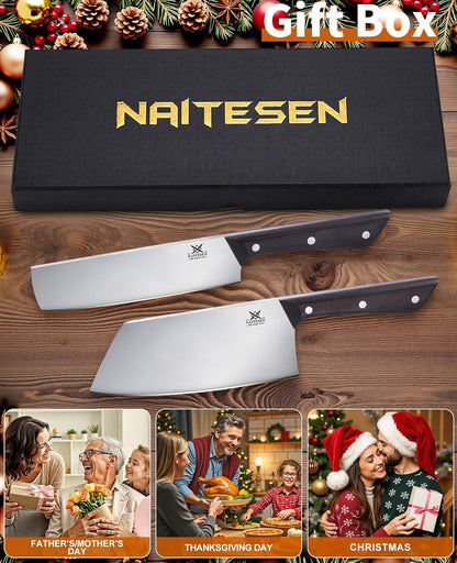 Naitesen 2PCS Cleaver Knife Set, Razor Sharp Meat Cleaver Nakiri Knife for Meat Vegetable Cutting Kitchen Cooking Gifts for Men Women