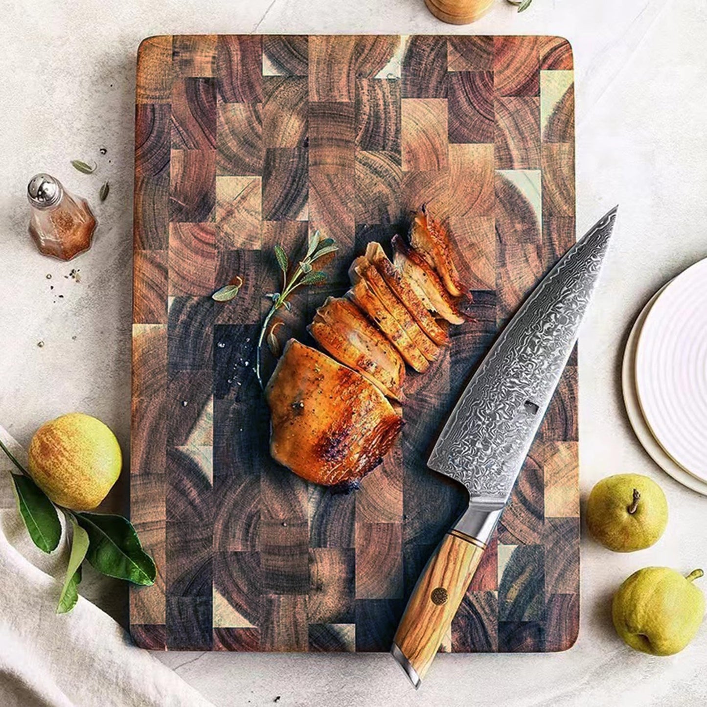 End Grain Cutting Board, 13.4" x 9.4",Acacia Cutting Board,Reversible Wooden Chopping Board, Butcher Block for Kitchen, Multipurpose serving board with Easy Grip Handle for cheese and charcuterie