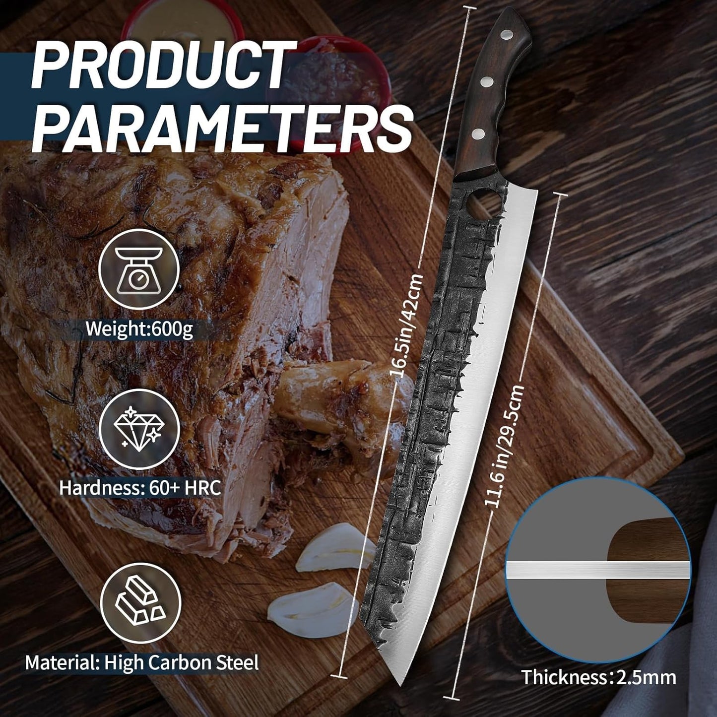 TIJERAS Brisket Carving Trimming Knife, Meat Slicing BBQ Knife, 11.6 Inch Hand Forged Full-Tang Slicer Knives for Meat Cutting Turkey Ham, Birthday Gifts for Men Women