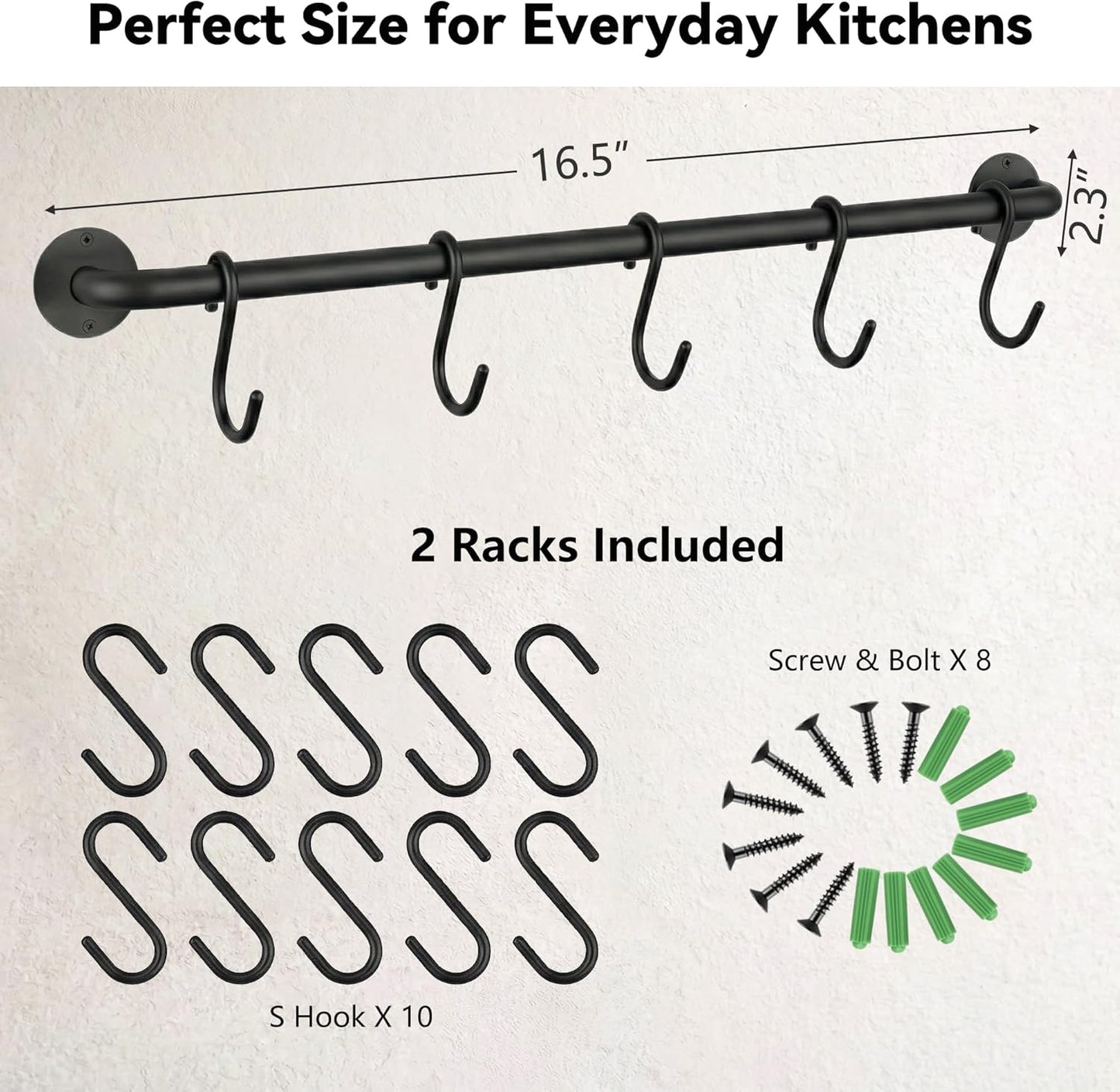 Black Steel-made Kitchen Utensil Rack Organizer Wall-mounted Pot Pan Wall Hanger Holder For Hanging Rail with 10 S Hooks
