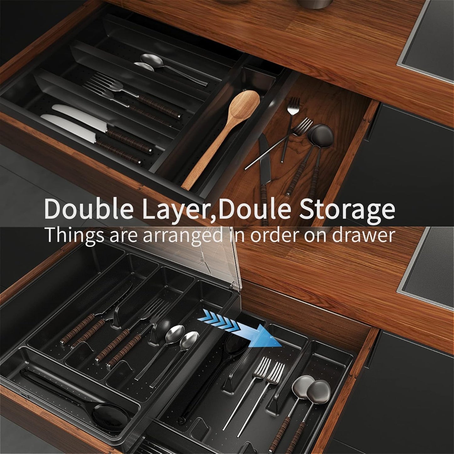 Double Layer Silverware Tray with Lid, Drawer Organizer for Utensil Tray, Cutlery Storage Holder with Cover, Black