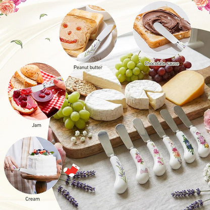 Floral Cheese Spreaders 4.95" Stainless Steel Butter Knife with Ceramic Handle for Jam, Pastry, Butter Knife - Holiday Silverware & Festive Kitchen Cutlery (Flowers)