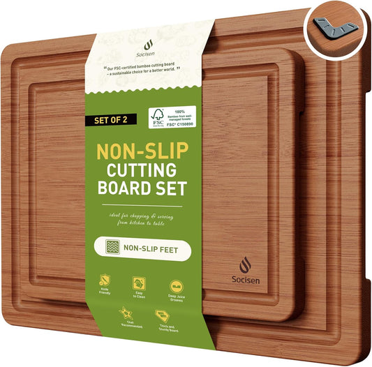 3 Packs Bamboo Cutting Board Set with Non Slip Feet and Over Sink Nice Solid Thick Wood Juice Groove Chopping Board Extra Large Big Small Best Hardwood Kitchen Counter Organic Vegetable