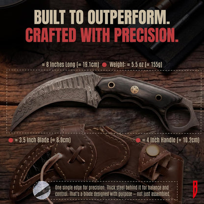 BIGCAT ROAR Predator Hunter - Patented Handmade Damascus Steel Fixed Blade Hunting Knife 10" - Walnut Wood Handle & Leather Sheath - Bushcraft Outdoor Skinning & Survival Knife - Collector Men Gifts