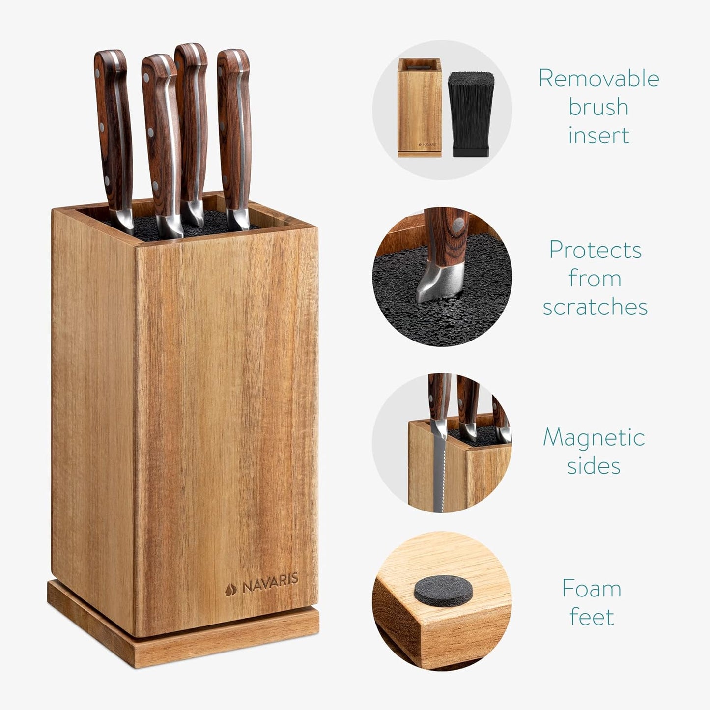 Navaris Bamboo Kitchen Knife Block - Magnetic Rotating Bristle Knife Holder - Universal Knife Block Storage Stand with Bristles - 9.8" x 4.9" x 4.9"