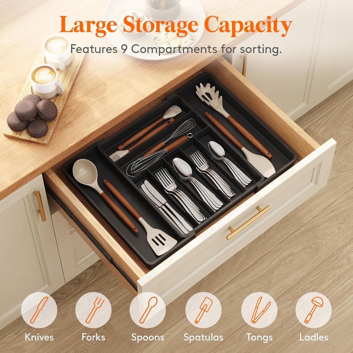 Lifewit Silverware Drawer Organizer, Expandable BPA Free Plastic Utensil Tray for Kitchen, Adjustable Flatware Cutlery Holder for Spoons Forks Knives, 21.3- 36 x 16.9", Gray