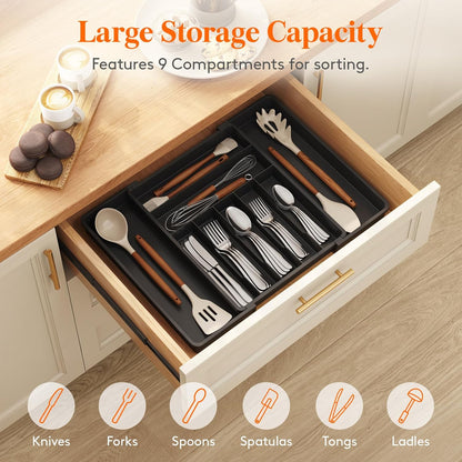 Lifewit Silverware Drawer Organizer, Expandable BPA Free Plastic Utensil Tray for Kitchen, Adjustable Flatware Cutlery Holder for Spoons Forks Knives, 21.3- 36 x 16.9", Gray