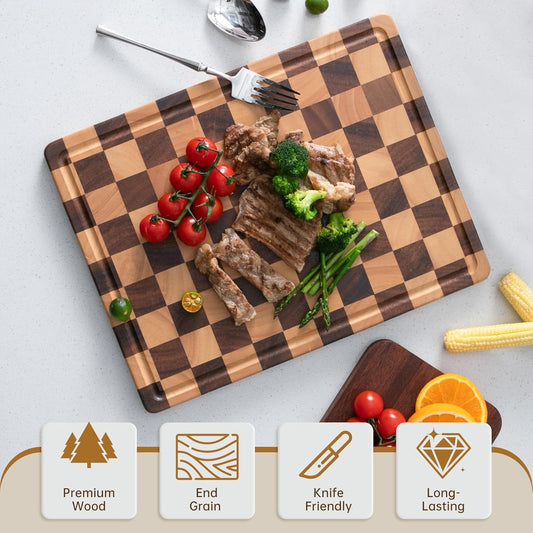 Checkered Cutting Board, Wooden Cutting Boards for Kitchen, Acacia Wood Cutting Board with Handle & Juice Grooves, Small Charcuterie Boards with Gift Box, 14" X 11" X 0.8"