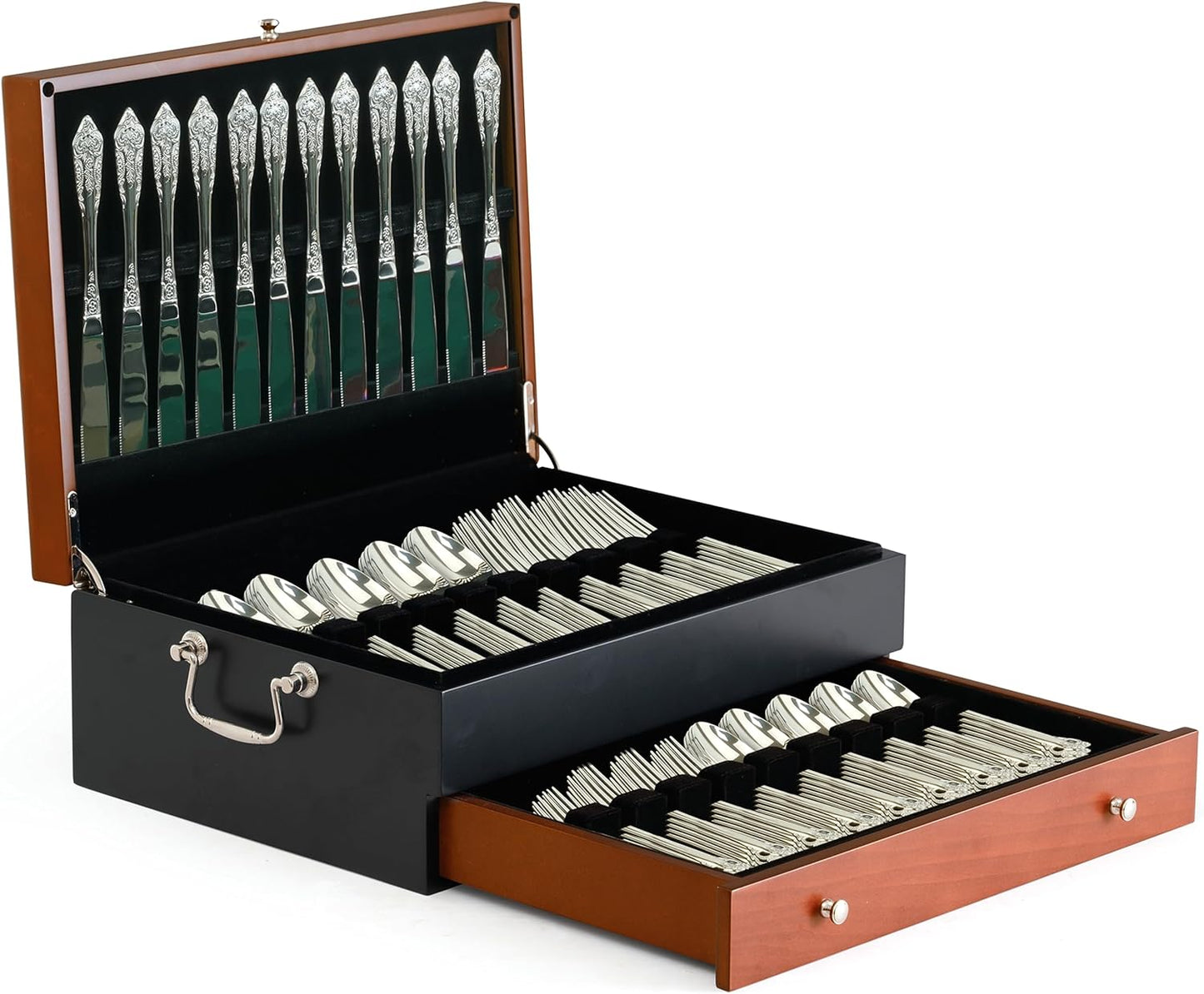 boldworks Silverware Storage Box Silverware Chest Case for Silver Flatware with Lid Tarnish Proof Felt Lined Partition and Drawer Holds Service for 14 Includes Polishing Cloth