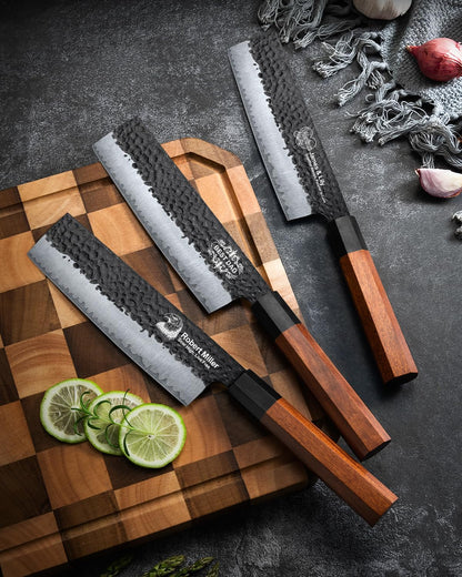 FAMCüTE Japanese Knife Block Set, Hand Forged 5-Layer 9CR18MOV Clad Steel Ultra Sharp Kitchen Knives with Wooden Storage & Rosewood Handle, Includes Chef, Santoku, Nakiri, Fruit Knife for Home Mom/Dad