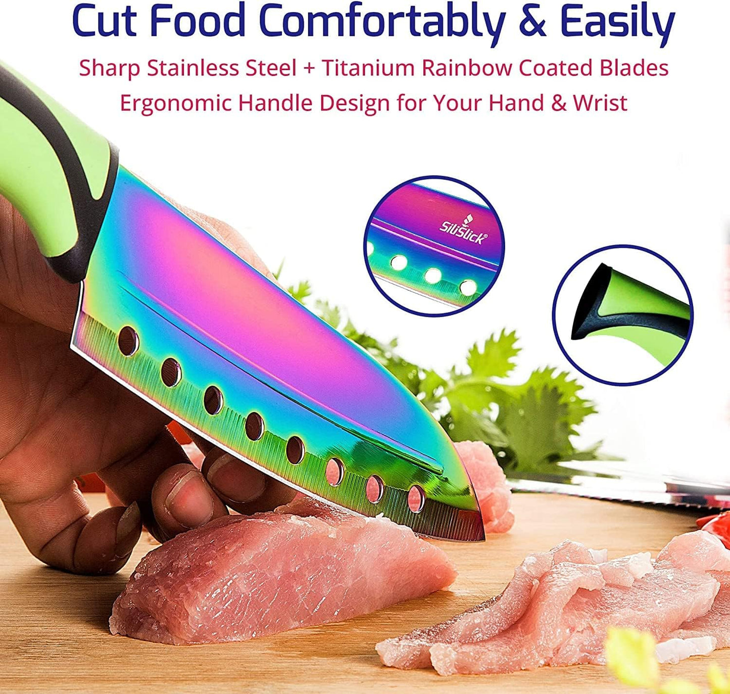 SiliSlick Kitchen Knife Set Kit, 5 Dishwasher Safe Colorful Knives, Knife Sharpener & Magnetic Wall Bar, Titanium Non Stick Plating Stainless Steel