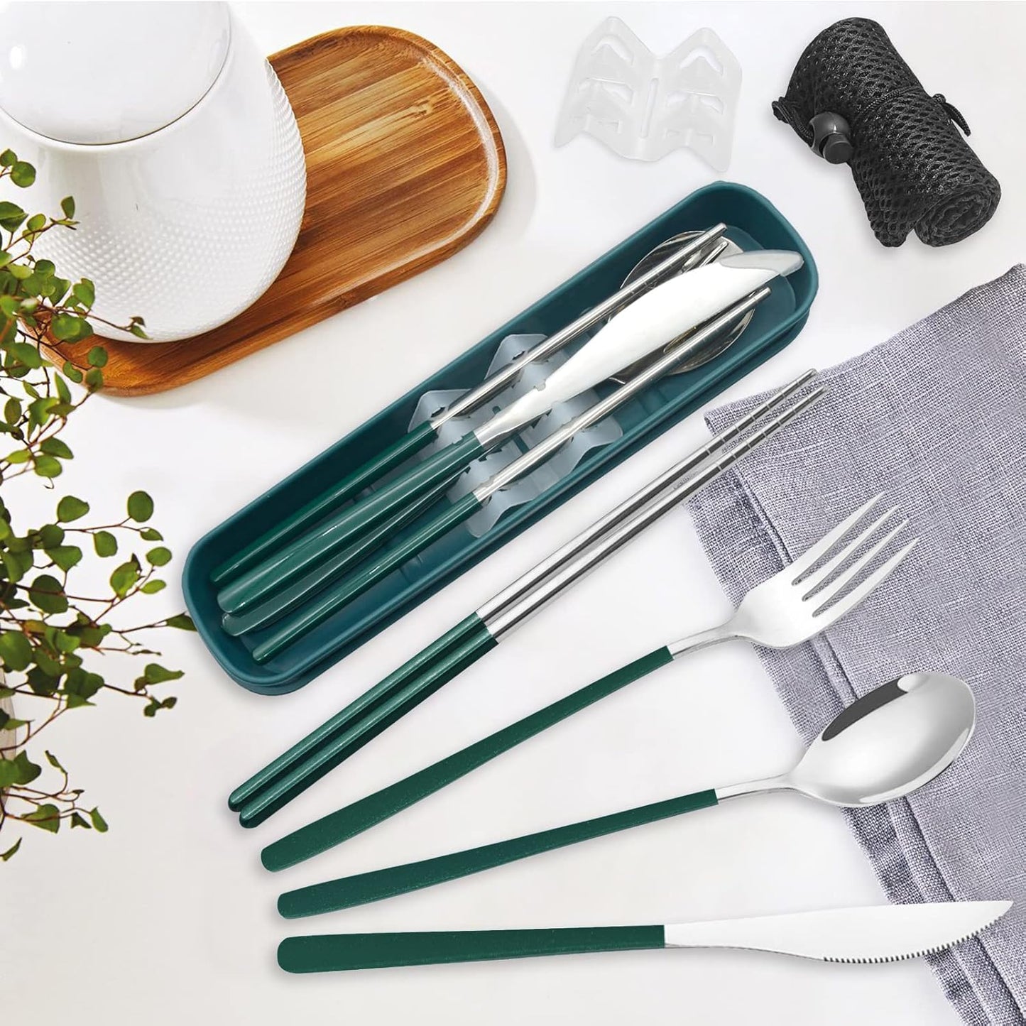 Black Portable Flatware Cutlery Set, TWUTGAYW Stainless Steel Travel Utensils with Case, Reusable Chopsticks Knife Spoons and Forks Set, Gold Camping Utensils Set for Lunch, Office, School, Picnic