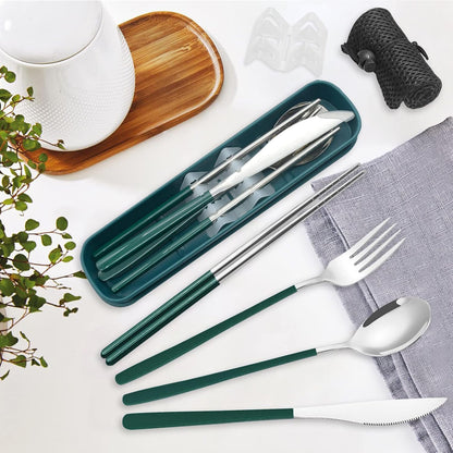 Black Portable Flatware Cutlery Set, TWUTGAYW Stainless Steel Travel Utensils with Case, Reusable Chopsticks Knife Spoons and Forks Set, Gold Camping Utensils Set for Lunch, Office, School, Picnic