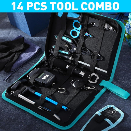 RoundFunny 14 Pcs Fishing Tool Kit, Fillet Knife, Fishing Pliers with Lanyard, Digital Scale, Lip Gripper, Hook Remover Fish Scaler Braid Scissors Gloves Sharpening Rod Retractor Towel Bag