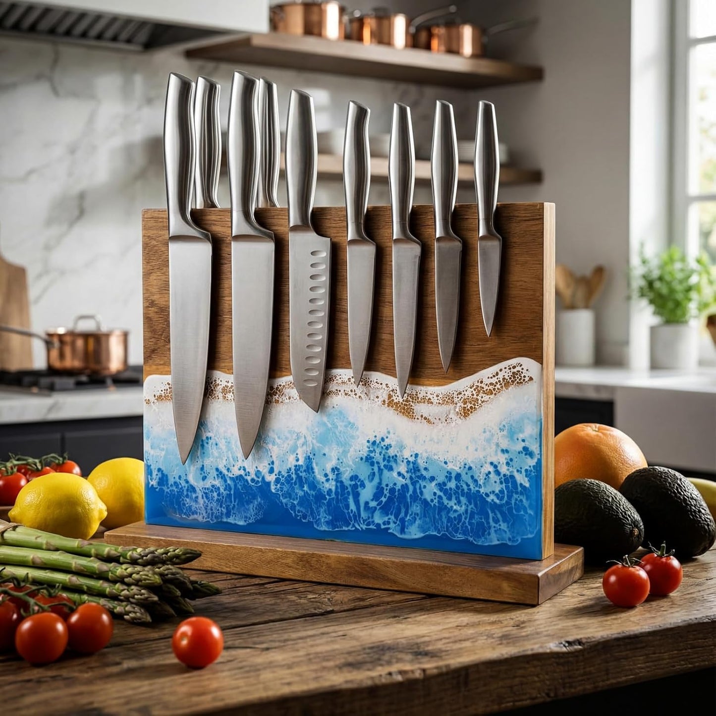 Magnetic Knife Block Double Sided Magnetic Knife Board Acacia Wood Blue Resin Ocean River Magnet Knives Holder Stand for Kitchen Storage Counter Gifts for New Home 13 x 10 Inch Without Knives