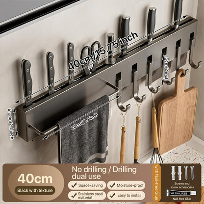 No Drill Wall Mounted Knife Block & Holder with 6 Removable Hooks, Multipurpose Kitchen Storage Organizer Rack for Knives, Utensils, Towels - Space-Saving Design for Home & Kitchen, Gray