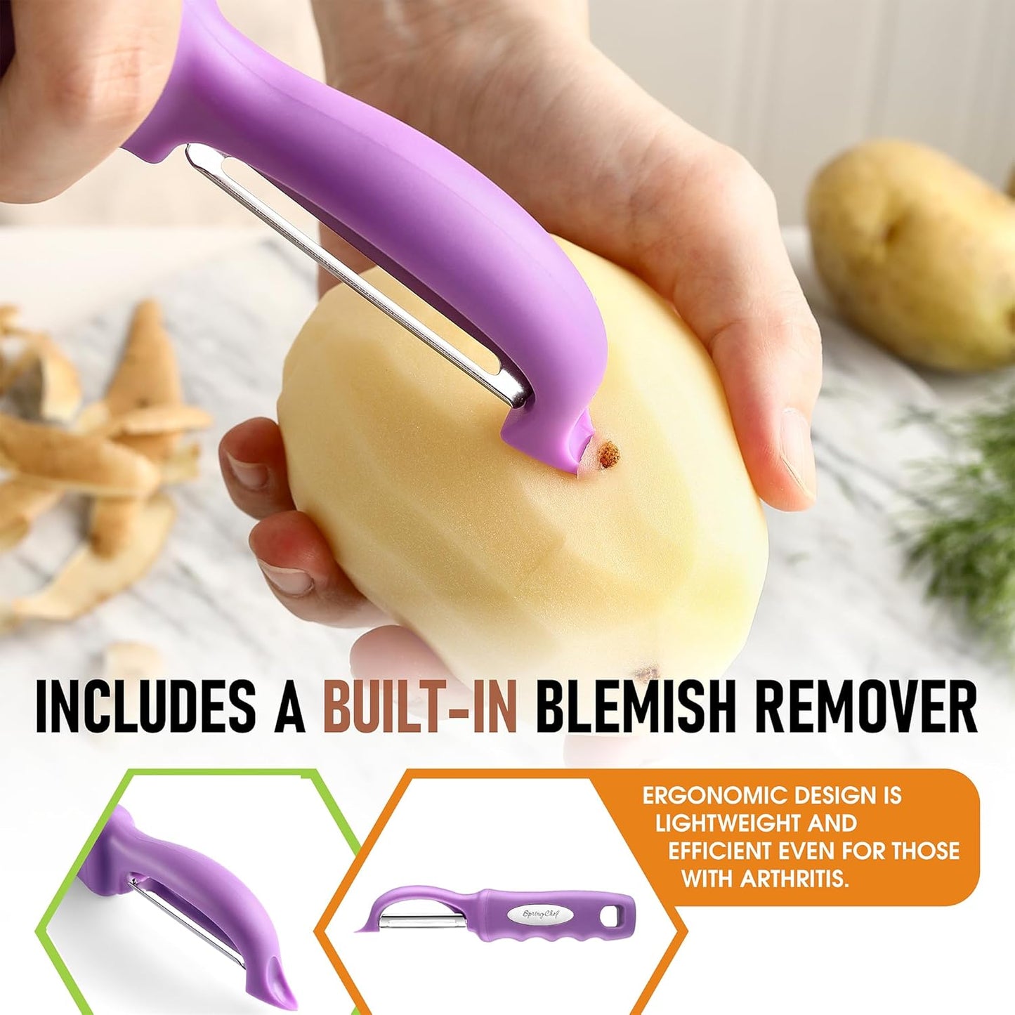 Spring Chef Premium Swivel Vegetable Peeler, Soft Grip Handle and Ultra Sharp Stainless Steel Blades - Perfect Kitchen Peeler For Veggie, Fruit, Potato, Carrot, Apple - Black