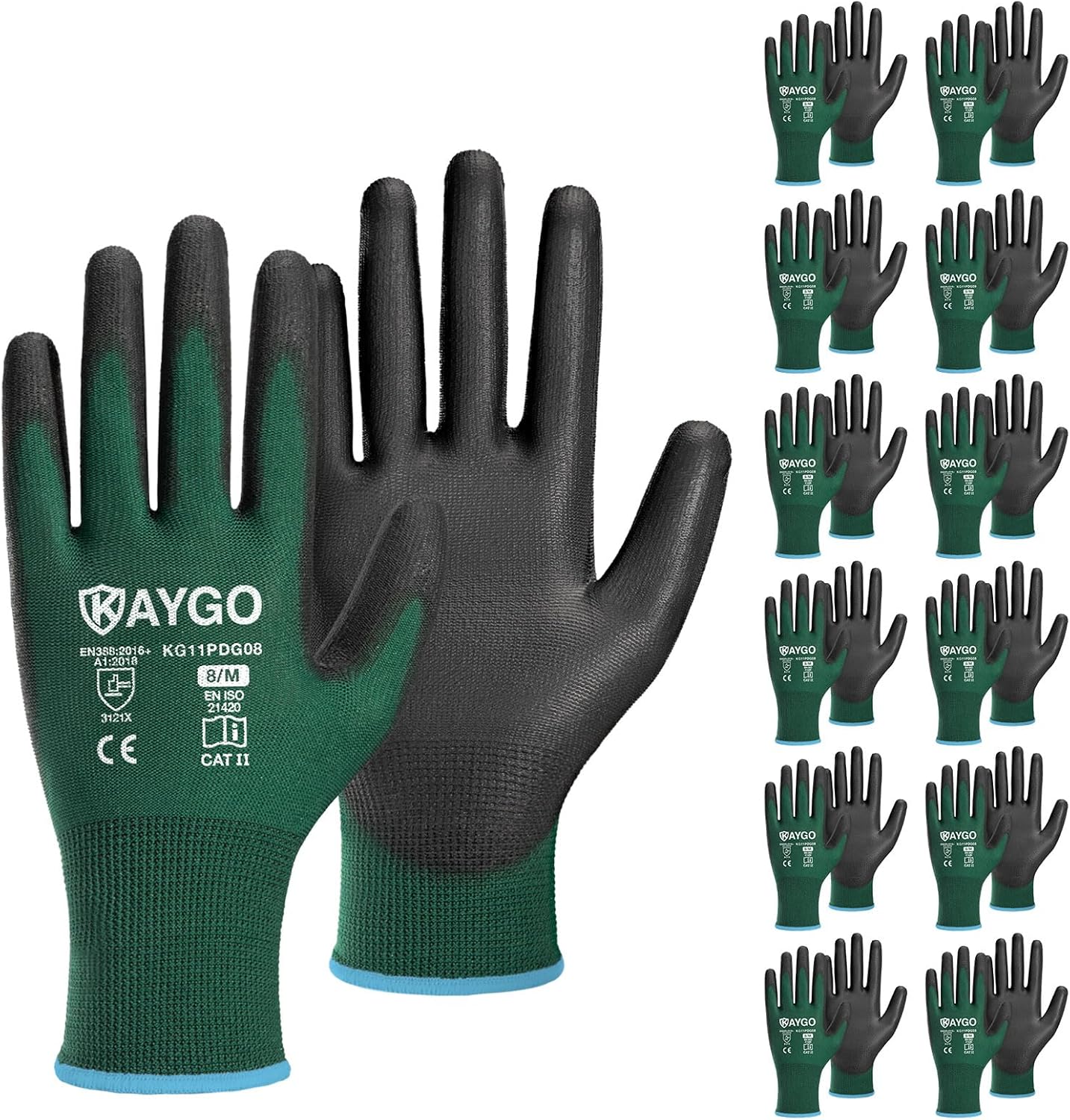 KAYGO Work Gloves for Men and Women,12 Pairs Seamless Knit PU Coated Safety Gloves, with Smooth Grip on Palm and Fingers, Ideal for Light Warehouse, Manufacturing, Gardening, KG11P (M, Black)