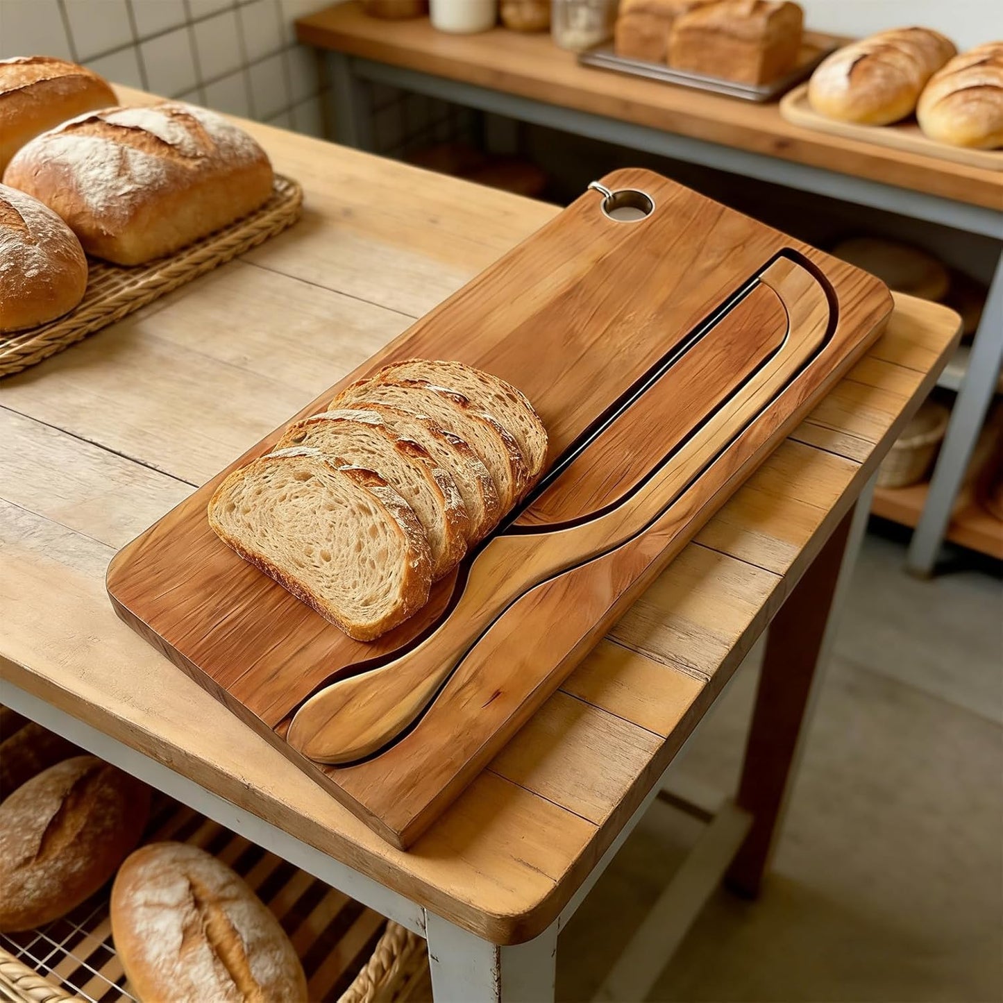 Bread Board and Knife Set Bread knife and bread board, wooden slicer, ergonomic design, ambidextrous, suitable for homemade bread, sourdough bread, bagels, baguettes etc