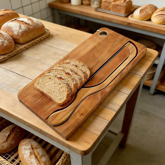 Bread Board and Knife Set Bread knife and bread board, wooden slicer, ergonomic design, ambidextrous, suitable for homemade bread, sourdough bread, bagels, baguettes etc