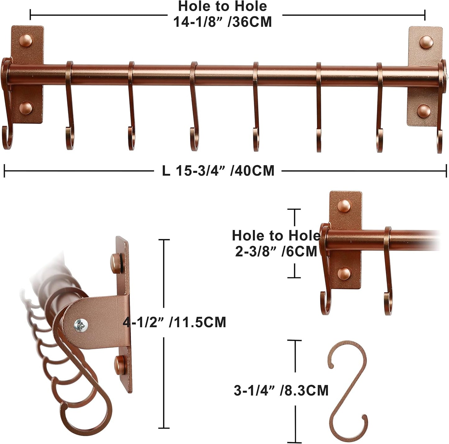 Dseap Kitchen Utensil Holder Hanger, Pot and Pan Rack Wall Mounted, Kitchen Rail with 8 Hooks for Hanging Cooking Utensils, Mugs, Spoons, Wall Mounted, Silver