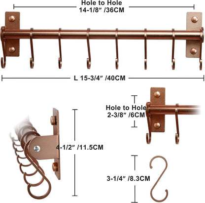 Dseap Kitchen Utensil Holder Hanger, Pot and Pan Rack Wall Mounted, Kitchen Rail with 8 Hooks for Hanging Cooking Utensils, Mugs, Spoons, Wall Mounted, Silver
