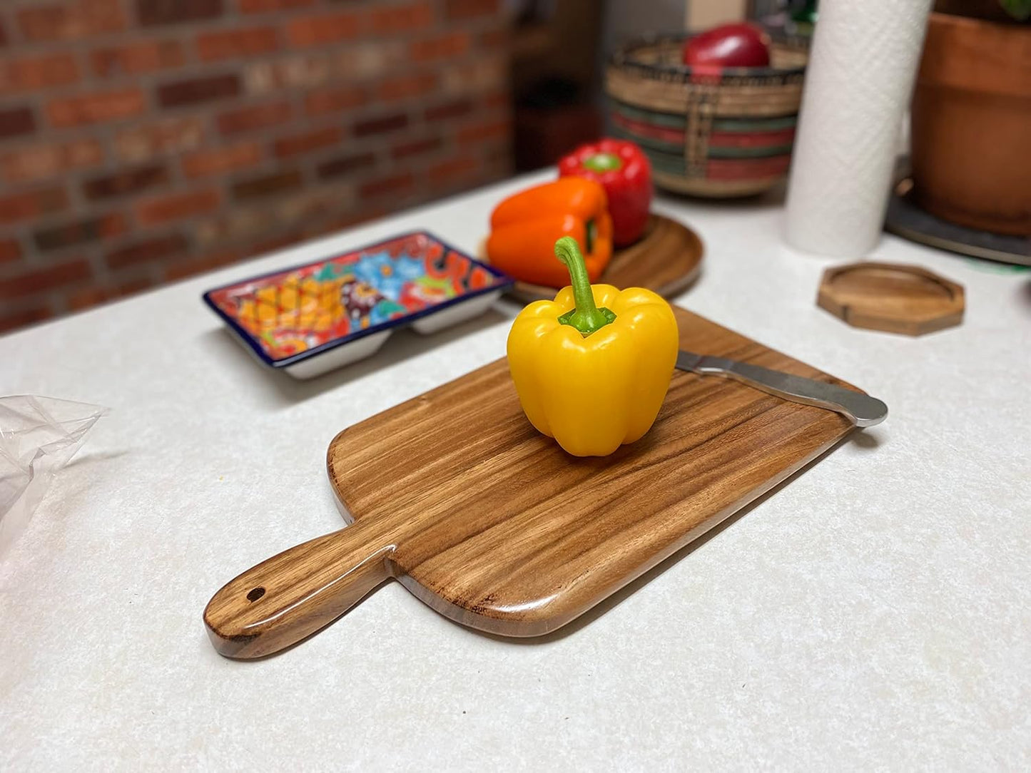 Acacia Wood Cutting Board with Handle, Single Piece Solid Wood, Double Sided Charcuterie and Bread Board, Small Knife Friendly Kitchen Prep Board, 15 x 8 Inch