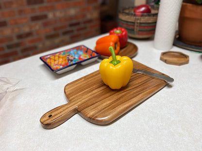 Acacia Wood Cutting Board with Handle, Single Piece Solid Wood, Double Sided Charcuterie and Bread Board, Small Knife Friendly Kitchen Prep Board, 15 x 8 Inch